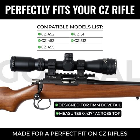 Gotical 13-Slot 5.5 Inch Overall Len 11 mm Dovetail to Picatinny Scope Rail Base Mount Compatible for Right-Hand HD CZ 452, 453, 455, 511, 512 for 11mm Picatinny Rail Mount 0 MOA in Saudi Arabia