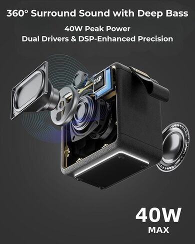 MG II Portable Bluetooth Speaker, 40W Deep Bass with DSP Sound, RGB Lights,IPX7 Waterproof Outdoor Speaker,17H+ Playtime, Dual Drivers,TWS Pairing,3 EQ Modes,Type-C Charging, AUX/TF/USB(Black & Brass) in Saudi Arabia