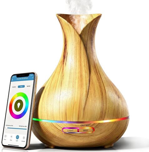 موزع روائح زيت عطري لاسلكي ذكي واي فاي، 400 مل، ناشر ومرطب بالموجات فوق الصوتية مع تطبيق أليكسا وجوجل للهاتف المنزلي والتحكم الصوتي - إنشاء جداول زمنية - إعدادات LED ومؤقت in Kuwait
