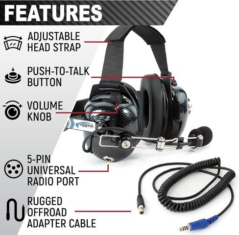 Rugged Radios Carbon Fiber Behind The Head Headset and Adaptor Cable for Intercoms – Features 5-Pin to Off Road Coil Cord and Volume Control Knob 3.5mm Input Jack in Saudi Arabia