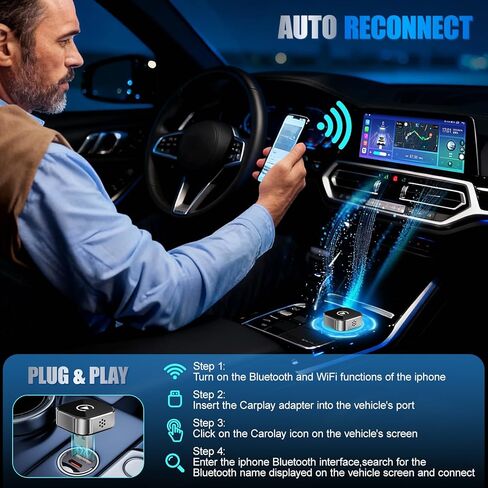محول سيارة لاسلكي 2026 - محول شاشة ذكي عالمي، USB-C/Type-C، التوصيل والتشغيل، لا يحتاج إلى تأخير نظام السيارة المدمج (فضي) in Kuwait