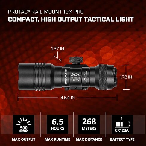 Streamlight 89024 ProTac Rail Mount 1L-X Pro 500-Lumen 18,000-Candela Rechargeable Capable Weapon Light with Non-Rechargeable Batteries, Picatinny and M-LOK Compatible, Black in Saudi Arabia