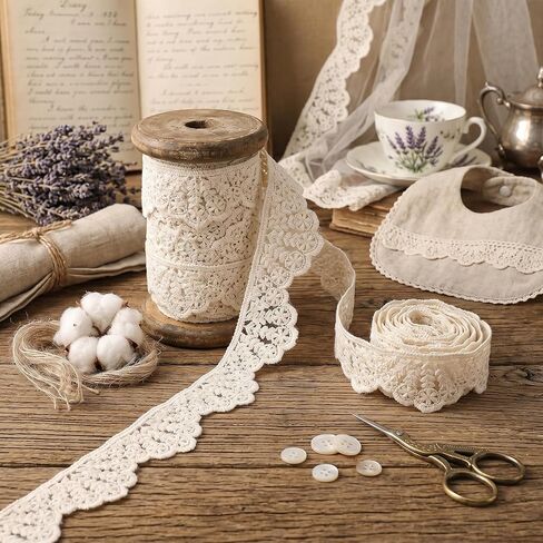 Beige Lace Ribbon Cotton Lace Trim, Embroidery Flower Lace Trim Scallop Edge Lace Ribbon for Crafts Clothing Decoration, 4.5 Yards in Saudi Arabia