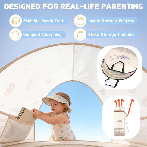 Baby Beach Tent with Pool – Dreamon Pop Up Shelter UV Protection for Infant, Foldable Kids Play Tent with Beach Toys Set and Carry Bag, Summer Outdoor Use Portable Baby Beach Essentials in Saudi Arabia