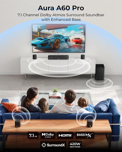نظام صوت محيطي 7.1 قناة من ULTIMEA للتلفزيون، شريط صوت Dolby Atmos مع 4 مكبرات صوت محيطية، VoiceMX، BassMX، شريط صوت بقوة 420 وات للتلفزيون الذكي، HDMI eARC، التحكم في التطبيق، Aura A60 Pro، موديل 2026 in Kuwait