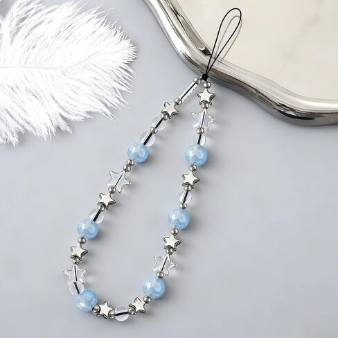 Star Phone Charm Wrist Strap Beaded Phone Lanyard Wrist Cellphone Chain Wristlet Camera Wrist Strap Lanyards Cute Cellphone Charms Wristlet Blue Beads Cellphone Keychain Bag Charms for Handbags in Saudi Arabia