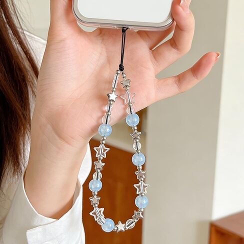 Star Phone Charm Wrist Strap Beaded Phone Lanyard Wrist Cellphone Chain Wristlet Camera Wrist Strap Lanyards Cute Cellphone Charms Wristlet Blue Beads Cellphone Keychain Bag Charms for Handbags in Saudi Arabia