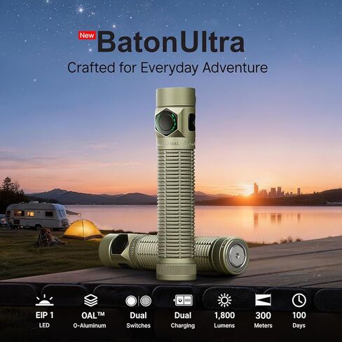 OLIGHT BatonUltra EDC Flashlight Rechargeable, 1800-Lumen 6 Modes Pocket Light with Pure White Light, USB C Bright LED Flashlights with Magnetic Tail Switch for Home Use, Camping, Outdoor(Olive Green) in Saudi Arabia
