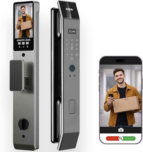 3D Face Recognition Smart Door Lock with Video Intercom, Tuya App Remote Access, Biometric Fingerprint & Palm Print Unlock, Heavy Duty Aluminum Mortise Lock for Home & Office (Gray) in Saudi Arabia