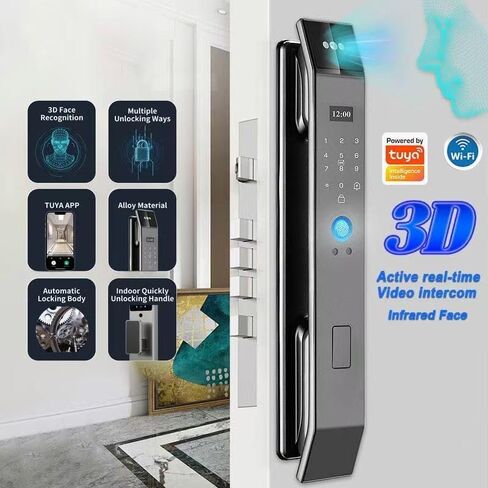 3D Face Recognition Smart Door Lock with Video Intercom, Tuya App Remote Access, Biometric Fingerprint & Palm Print Unlock, Heavy Duty Aluminum Mortise Lock for Home & Office (Gray) in Saudi Arabia