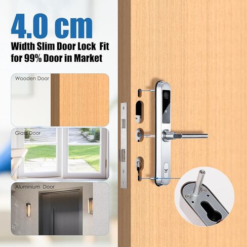 Slim Smart Lock for Sliding Glass Door, Waterproof Keyless Smart Mortise Lock with Camera, WiFi Keypad Aluminum Fingerprint Door Lock with Handle - 5 Unlocking Methods for 40-120mm Door in Saudi Arabia