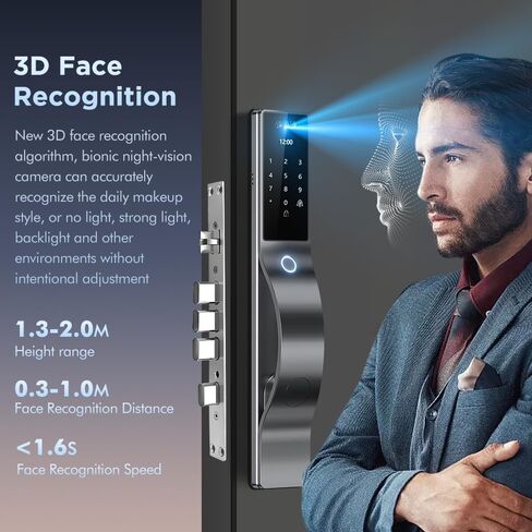 3D Face Recognition Smart Lock with Camera & Screen, Biometric Fingerprint Door Lock, Keyless Entry with IC Card, App Control & Mechanical Keys, Weatherproof Aluminum Alloy in Saudi Arabia
