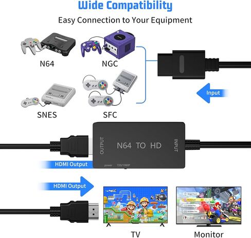 محول tesha N64 إلى HDMI، محول Gamecube HDMI، متوافق مع N64/SNES/SFC/Gamecube، التوصيل والتشغيل، مخرج HD 720P/1080P، يتضمن كابلات HDMI وUSB in Kuwait