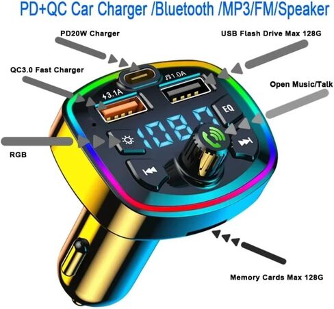 Car Cigarette Lighter PD 3.1A Fast Charging Bluetooth Receiver Lossless MP3 Player Car Music USB Converter with Digital Display (Black) in Saudi Arabia