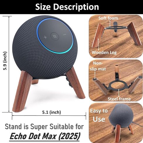 حامل خشبي حقيقي لـ Echo dot max (طراز جديد) تم إصداره عام 2025، ملحقات حامل ثلاثي القوائم على سطح المكتب لحماية الصوت المنقط للحصول على صوت أفضل، حامل خشبي ثابت وآمن لمكبر صوت Alexa (جوز) in Saudi Arabia
