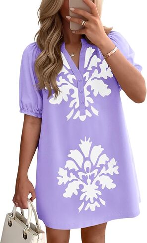 Wenrine Womens Puff Short Sleeve Mini Dress Summer Floral Print Button V Neck Loose Casual Shift Dresses with Pockets in Saudi Arabia