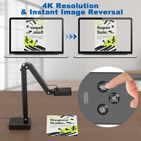 4K USB Document Camera for Teachers, 8MP Doc Cam with Auto Focus & Dual Mic, Foldable A3 Book Scanner & Visualizer Camera with LED Light, Plug & Play for Zoom, Classroom, Mac, Windows, Chromebook in Saudi Arabia