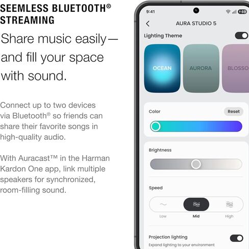 Harman Kardon Aura Studio 5 - مكبر صوت منزلي يعمل بالبلوتوث - مجال صوت ثابت مع مكبر صوت ثلاثي الاتجاهات وإضاءة 360 درجة - بث الموسيقى واتصال Auracast متعدد السماعات in Kuwait