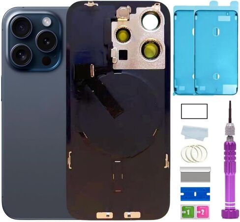 15 Pro Max Back Glass Replacement with Plate & Flex Cable and All Parts for iPhone 15pro Max Back Cover Glass (Blue Titanium, 6.7 Inch) + Waterproof Tape + Repair Tools (Blue Titanium) in Saudi Arabia
