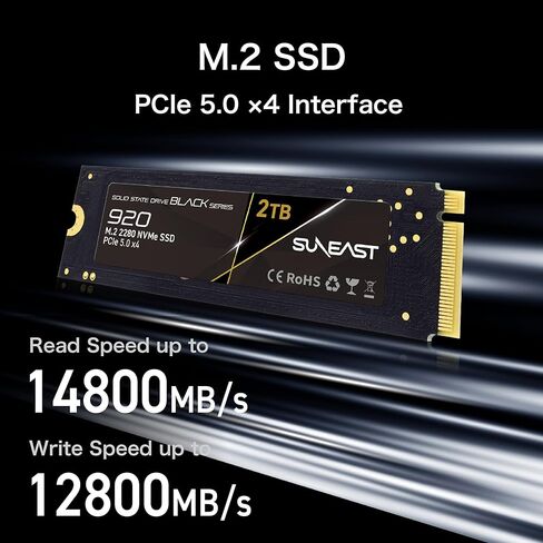 SUNEAST Black Series 2TB SSD Gen5، PCIe 5.0x4 NVMe M.2 2280 - قراءة تصل إلى 14800 ميجابايت/ثانية، كتابة 12800 ميجابايت/ثانية، محرك أقراص الحالة الصلبة للحوسبة عالية الأداء ومحطات عمل الألعاب والذكاء الاصطناعي in Kuwait