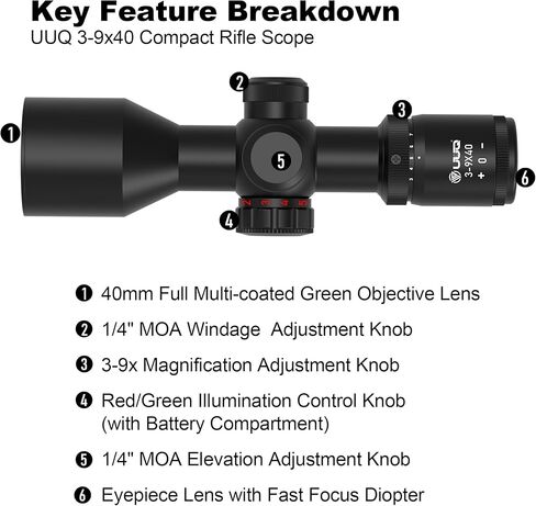 UUQ 3-9x40 نطاق بندقية مدمجة، شبكاني متقاطع مضيء باللون الأحمر / الأخضر، تخفيف ممتد للعين، تصحيح المنظر والتركيز السريع | خفيف الوزن ومقاوم للماء | يناسب حاجز بيكاتيني/ويفر مقاس 20 مم in Kuwait