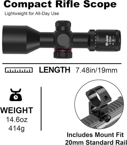 UUQ 3-9x40 نطاق بندقية مدمجة، شبكاني متقاطع مضيء باللون الأحمر / الأخضر، تخفيف ممتد للعين، تصحيح المنظر والتركيز السريع | خفيف الوزن ومقاوم للماء | يناسب حاجز بيكاتيني/ويفر مقاس 20 مم in Kuwait