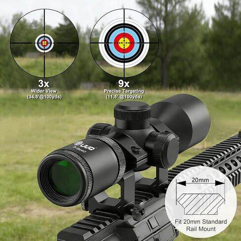UUQ 3-9x40 نطاق بندقية مدمجة، شبكاني متقاطع مضيء باللون الأحمر / الأخضر، تخفيف ممتد للعين، تصحيح المنظر والتركيز السريع | خفيف الوزن ومقاوم للماء | يناسب حاجز بيكاتيني/ويفر مقاس 20 مم in Kuwait