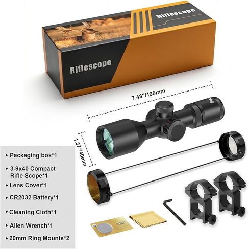 UUQ 3-9x40 نطاق بندقية مدمجة، شبكاني متقاطع مضيء باللون الأحمر / الأخضر، تخفيف ممتد للعين، تصحيح المنظر والتركيز السريع | خفيف الوزن ومقاوم للماء | يناسب حاجز بيكاتيني/ويفر مقاس 20 مم in Kuwait