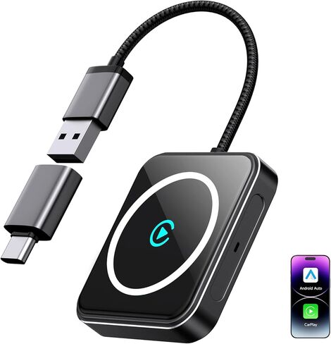 محول CarPlay اللاسلكي لأجهزة iPhone وAndroid، محول Apple CarPlay اللاسلكي 2 في 1، التوصيل والتشغيل، زمن الوصول المنخفض، USB-A/C، يحول السلكي إلى CarPlay اللاسلكي (iOS 10+، Android 11+) in Kuwait
