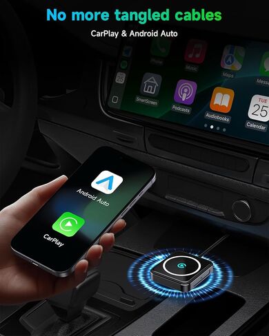 محول CarPlay اللاسلكي لأجهزة iPhone وAndroid، محول Apple CarPlay اللاسلكي 2 في 1، التوصيل والتشغيل، زمن الوصول المنخفض، USB-A/C، يحول السلكي إلى CarPlay اللاسلكي (iOS 10+، Android 11+) in Kuwait