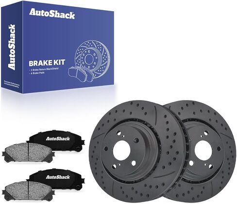 دوارات فرامل مطلية بفتحات تهوية أمامية من AutoShack بلمسة نهائية سوداء غير لامعة + وسادات سيراميك 6 قطع بديلة لمجموعة فرامل 2008-2019 Toyota Highlander BlackShield 12.91 بوصة (328 مم) in Saudi Arabia