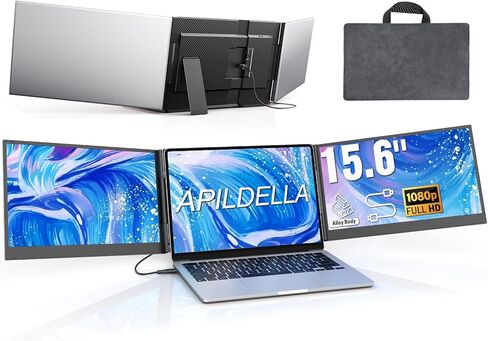APILDELLA 15.6 بوصة موسع شاشة الكمبيوتر المحمول الثلاثي، شاشة مزدوجة محمولة بدقة 1080 بكسل FHD لأجهزة الكمبيوتر المحمول USB C HDMI، موسع شاشة التوصيل والتشغيل للشاشة الثلاثية لأجهزة Mac/Windows، تناسب أجهزة الكمبيوتر المحمولة مقاس 13 بوصة - 17.3 بوصة in Kuwait