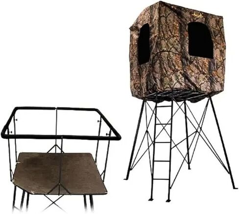 MUDDY Quad Pod Deluxe 12' Steel Hunting Stand with 57" x 57" Platform, Ladder Access, 2 Flex-Tek Seats, and Camo Blind, 500 Lb Weight Rating in Saudi Arabia