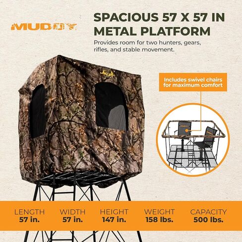 MUDDY Quad Pod Deluxe 12' Steel Hunting Stand with 57" x 57" Platform, Ladder Access, 2 Flex-Tek Seats, and Camo Blind, 500 Lb Weight Rating in Saudi Arabia