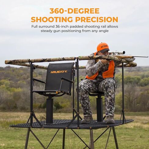 MUDDY Quad Pod Deluxe 12' Steel Hunting Stand with 57" x 57" Platform, Ladder Access, 2 Flex-Tek Seats, and Camo Blind, 500 Lb Weight Rating in Saudi Arabia