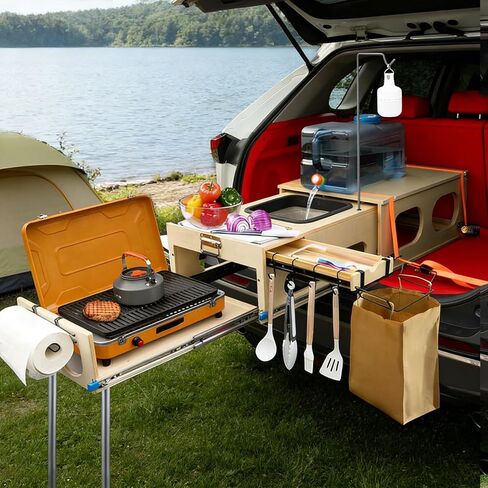 Wooden Overland Camping Slide-Out Kitchen with Drawer, Left Side, for SUV/Storage Space, for 2 Burners Stove, Folding Design in Kuwait