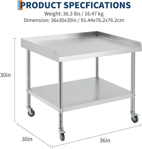 30"x30"x30" Stainless Steel Equipment Grill Stand Table with Wheels, NSF Certified, 400 lbs Capacity, Adjustable Height Legs, 2" Edge Baffle, for Restaurant, Kitchen, Hotel, Home in Saudi Arabia