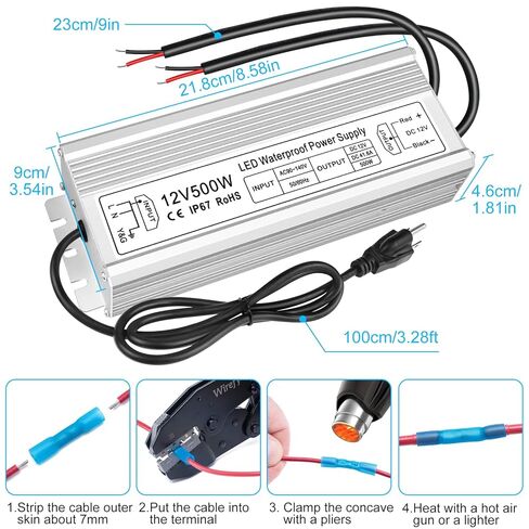 مزود طاقة inShareplus 500 وات 12 فولت، مشغل LED خارجي مقاوم للماء IP67، محول تيار متردد 90-140 فولت إلى تيار مستمر 12 فولت 41.6 أمبير، محول جهد منخفض مع قابس ثلاثي الشق لإضاءة LED ومنتجات تيار مستمر أخرى 12 فولت in Saudi Arabia