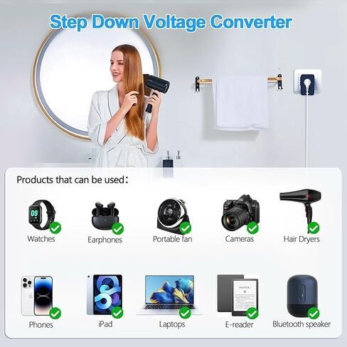 محول الجهد الكهربي من الولايات المتحدة إلى أوروبا لمجفف الشعر مع الشحن السريع 2 USB A 2 USB C، 220 فولت إلى 110 فولت محول محول الطاقة كومبو محول دولي محول السفر الأوروبي C A I G (أسود) in Kuwait