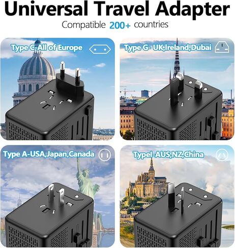 محول الجهد الكهربي من الولايات المتحدة إلى أوروبا لمجفف الشعر مع الشحن السريع 2 USB A 2 USB C، 220 فولت إلى 110 فولت محول محول الطاقة كومبو محول دولي محول السفر الأوروبي C A I G (أسود) in Kuwait