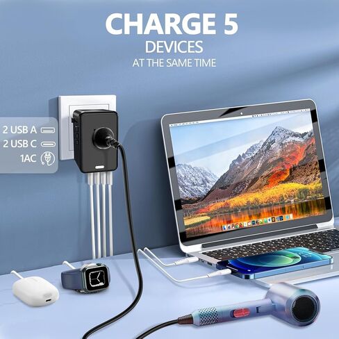 محول الجهد الكهربي من الولايات المتحدة إلى أوروبا لمجفف الشعر مع الشحن السريع 2 USB A 2 USB C، 220 فولت إلى 110 فولت محول محول الطاقة كومبو محول دولي محول السفر الأوروبي C A I G (أسود) in Kuwait