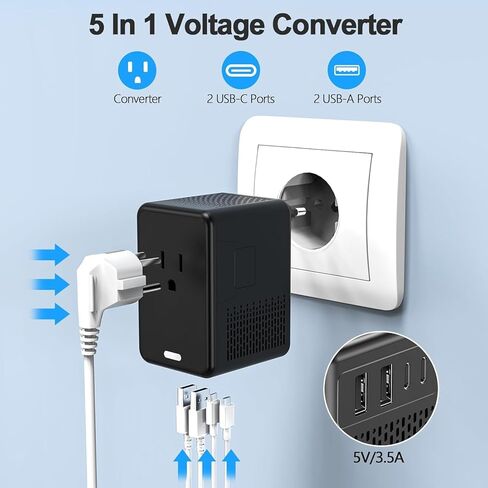 محول الجهد الكهربي من الولايات المتحدة إلى أوروبا لمجفف الشعر مع الشحن السريع 2 USB A 2 USB C، 220 فولت إلى 110 فولت محول محول الطاقة كومبو محول دولي محول السفر الأوروبي C A I G (أسود) in Kuwait