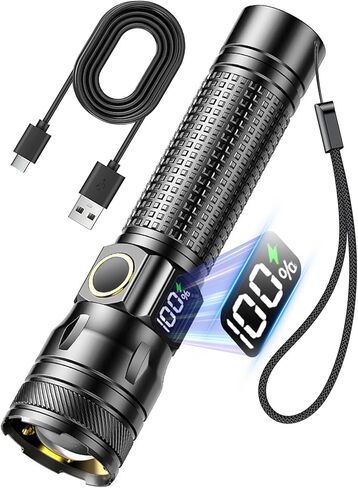 Gotellx Rechargeable LED Flashlights with Digital Power Display, Zoomable High Lumens Bright EDC Flashlight with USB C Charging Port for Home and Outdoor Emergency, Camping Essentials, Survival Gear in Saudi Arabia