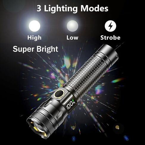 Gotellx Rechargeable LED Flashlights with Digital Power Display, Zoomable High Lumens Bright EDC Flashlight with USB C Charging Port for Home and Outdoor Emergency, Camping Essentials, Survival Gear in Saudi Arabia