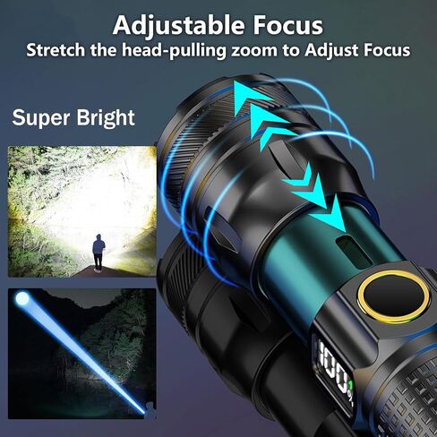 Gotellx Rechargeable LED Flashlights with Digital Power Display, Zoomable High Lumens Bright EDC Flashlight with USB C Charging Port for Home and Outdoor Emergency, Camping Essentials, Survival Gear in Saudi Arabia