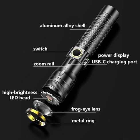 Gotellx Rechargeable LED Flashlights with Digital Power Display, Zoomable High Lumens Bright EDC Flashlight with USB C Charging Port for Home and Outdoor Emergency, Camping Essentials, Survival Gear in Saudi Arabia