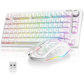 مجموعة لوحة مفاتيح وماوس لاسلكية RedThunder K75، لوحة مفاتيح محفورة جانبيًا بغشاء بنسبة 75%، ماوس ألعاب بصري بدقة 4800 نقطة في البوصة، 3 أوضاع (BT/2.4G/سلكي)، نظام مزدوج، إضاءة خلفية RGB، بطارية قابلة لإعادة الشحن، أبيض محيطي in Kuwait