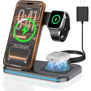 [Qi] 3 in 1 Charging Station for iPhone, 21W Wireless Charging Station, Stand Multiple Devices for Apple, for iPhone 17 16 15 14-8 Pro Max, Watch, AirPods 4 3 Pro, Nightstand, Desk, Trip, Gift in Saudi Arabia