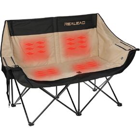 REALEAD Heated Double Camping Chair - Portable Heated Loveseat Chairs for Outdoor Sports with 3 Heat Levels and 4 Heating Zones - Heating Folding Chairs for Outside - Battery NOT Included in Saudi Arabia