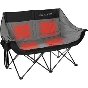 REALEAD Heated Double Camping Chair - Portable Heated Loveseat Chairs for Outdoor Sports with 3 Heat Levels and 4 Heating Zones - Heating Folding Chairs for Outside - Battery NOT Included in Saudi Arabia